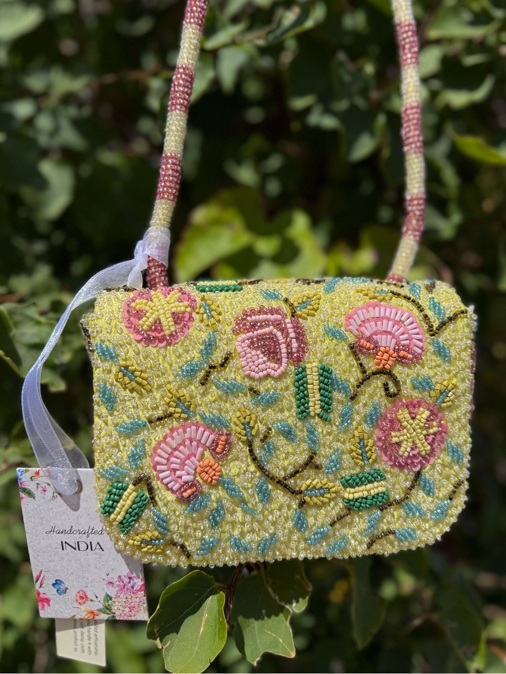 NWT Handcrafted Made in India Floral Flowers Yellow Stripes Beaded Shoulder Bag